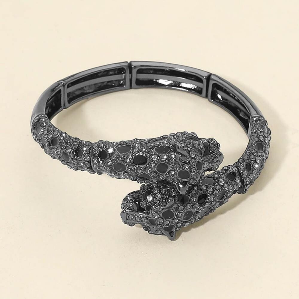 Black Diamond Leopard Head Cuff Bangle Rhinestone Statement Bracelet Animal